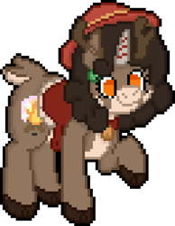 Size: 528x680 | Tagged: safe, artist:bloonacorn, oc, oc:bloona blazes, deer, reindeer, bell, bell collar, collar, digital art, hat, pixel art, saddle, simple background, tack, team fortress 2, transparent background