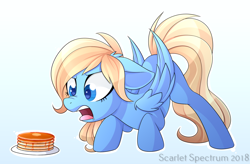 Size: 1336x874 | Tagged: safe, artist:scarlet-eclipse, artist:scarlet-spectrum, oc, oc only, oc:lusty symphony, pegasus, pony, commission, digital art, disgusted, female, floppy ears, food, gradient background, mare, open mouth, pancakes, signature, simple background, solo, ugh