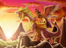 Size: 2288x1696 | Tagged: safe, artist:inuhoshi-to-darkpen, spike, twilight sparkle, alicorn, dragon, pony, g4, adult, adult spike, armor, guardians of harmony, magic, mountain, older, older spike, ponies riding dragons, riding, spikezilla, spread wings, sunset, telekinesis, toy, toy interpretation, twilight (astronomy), twilight sparkle (alicorn), unshorn fetlocks, wings