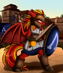 Size: 2367x2748 | Tagged: safe, artist:pridark, oc, oc only, bat pony, pony, semi-anthro, armor, bat pony oc, helmet, outdoors, partially open wings, shield, solo, sword, weapon, wings