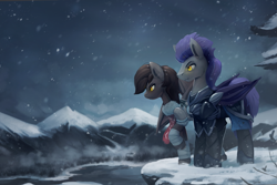 Size: 3903x2600 | Tagged: safe, artist:rodrigues404, oc, oc only, oc:helios aster, oc:tuya, bat pony, pony, armor, bandage, bat pony oc, commission, night guard, raised hoof, scenery, snow