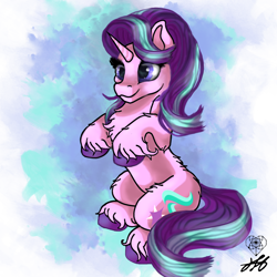 Size: 2000x2000 | Tagged: safe, artist:stainedglasslighthea, starlight glimmer, pony, unicorn, g4, chest fluff, cute, female, fluffy, glimmerbetes, horn, sitting, solo, unshorn fetlocks