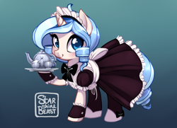 Size: 2700x1950 | Tagged: safe, artist:starshinebeast, oc, oc only, oc:opuscule antiquity, pony, unicorn, clothes, cup, cute, female, food, french maid, horn, looking at you, maid, mare, ocbetes, platter, smiling, solo, spoon, sugar (food), tea set, teacup, teapot