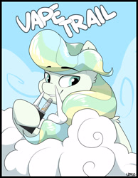 Size: 1937x2500 | Tagged: safe, artist:neoncel, vapor trail, pegasus, pony, g4, my little pony: friendship is magic, top bolt, cloud, digital art, ear fluff, female, hoof hold, looking at you, mare, pun, signature, sky, smiling, solo, vape, vaping