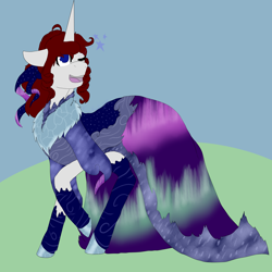 Size: 5800x5800 | Tagged: safe, artist:florarena-kitasatina/dragonborne fox, oc, oc only, oc:crimson flame, unicorn, absurd resolution, aurora borealis, clothes, colored, dress, flat colors, gala dress, horn, one eye closed, raised leg, signature, smiling, wink