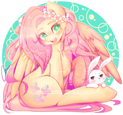 Size: 2452x2300 | Tagged: safe, artist:magicalgirlmayhem, artist:strawbunny-cake, angel bunny, fluttershy, pegasus, pony, rabbit, g4, animal, duo, female, floral head wreath, flower, male, mare, sitting, spread wings, watermark, wings