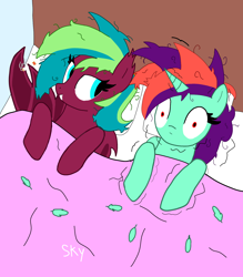 Size: 1400x1600 | Tagged: safe, artist:skycandy, oc, oc:bitter soundflare, oc:skycandy, alicorn, bat pony, pony, aftersex, alicorn oc, bat pony oc, bed, cigarette, dishevelled, duo, feather, female, horn, indoors, lesbian, mare, smoking, twitching, wing hold, wings