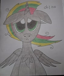 Size: 2830x3351 | Tagged: safe, artist:princess ice color twinkle, oc, alicorn, alicorn oc, chest hair, downed ears, eyelashes, folded wings, gray skin, green eyes, horn, mare oc, messy mane, sad, text, three toned mane, wings