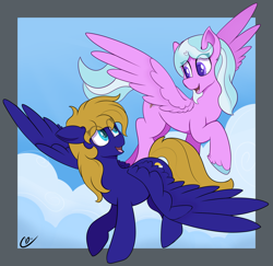 Size: 3115x3022 | Tagged: safe, artist:cloudybirb, oc, oc only, oc:cloud quake, oc:icarus, pegasus, pony, cloud, duo, female, flying, looking at each other, looking at someone, mare, pegasus oc, sky, spread wings, wings