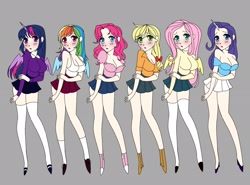 Size: 2048x1519 | Tagged: safe, artist:timelessclownry, applejack, fluttershy, pinkie pie, rainbow dash, rarity, twilight sparkle, human, g4, anime eyes, blush lines, blushing, bow, breasts, busty applejack, busty fluttershy, busty rainbow dash, busty rarity, busty twilight sparkle, cleavage, clothes, female, gray background, group, hair bow, horn, horned humanization, humanized, looking at you, mane six, off shoulder, pale skin, pleated skirt, same face syndrome, satire, sextet, simple background, skirt, socks, stockings, tank top, thigh highs, turtleneck, winged humanization, wings, zettai ryouiki