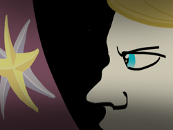 Size: 1600x1200 | Tagged: safe, artist:1611volk, prince blueblood, human, g4, banner, black background, blonde, blonde hair, blue eyes, close-up, cutie mark, humanized, male, royalty, simple background, solo, stare