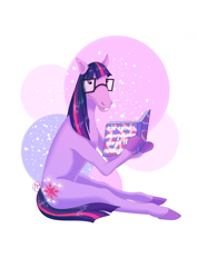 Size: 1614x2283 | Tagged: safe, artist:grolrex, twilight sparkle, pony, g4, anatomically incorrect, book, bucktooth, cyrillic, female, glasses, hoers, holding, incorrect leg anatomy, mare, missing horn, nerd, russian, sitting, solo