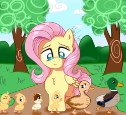 Size: 1870x1705 | Tagged: safe, artist:flutterbug18, fluttershy, bird, duck, pegasus, pony, g4, cute, duckling, female, looking down, mare, path, shyabetes, smiling, solo, tree