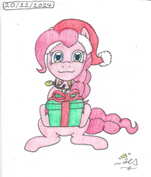 Size: 1069x1255 | Tagged: safe, artist:tuifreak, pinkie pie, g4, christmas, female, hat, holiday, present, santa hat, simple background, white background