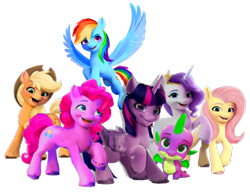 Size: 1780x1373 | Tagged: safe, artist:tankengine52, applejack, fluttershy, pinkie pie, rainbow dash, rarity, spike, twilight sparkle, g4, g5, my little pony: a new generation, mane six, simple background, transparent background