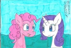 Size: 1185x800 | Tagged: safe, artist:cmara, pinkie pie, rarity, earth pony, unicorn, g4, duo, duo female, female, horn