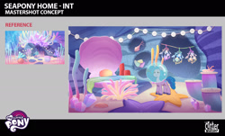 Size: 1787x1080 | Tagged: safe, lil critter workshop, izzy moonbow, pony, starfish, unicorn, enchantment under the sea, g5, my little pony: tell your tale, official, leak, spoiler:g5, spoiler:my little pony: tell your tale, spoiler:tyts02e28, bioluminescent, bubble, bubble helmet, colored, concept art, coral, crepuscular rays, female, horn, mare, my little pony logo, ocean, pony for scale, reef, scenery, scenery porn, seashell, seaweed, smiling, solo, underwater, water