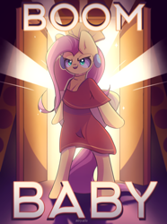 Size: 1900x2550 | Tagged: safe, artist:miryelis, fluttershy, pegasus, pony, g4, bipedal, clothes, crossover, door, full body, indoors, long hair, looking at you, meme, smiling, solo, text, the emperor's new groove