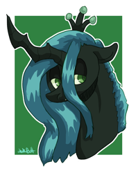 Size: 854x1073 | Tagged: safe, artist:lawkbutt, queen chrysalis, alicorn, changeling, changeling queen, pony, g4, antagonist, bust, passepartout, portrait, signature, solo