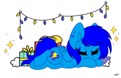 Size: 1600x1037 | Tagged: safe, artist:princessmoonsilver, oc, oc:static, pegasus, pony, christmas, christmas lights, female, hair over eyes, holiday, lying down, mare, prone, simple background, sleeping, solo, transparent background