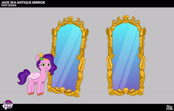 Size: 2048x1302 | Tagged: safe, lil critter workshop, pipp petals, pegasus, pony, enchantment under the sea, g5, my little pony: tell your tale, official, spoiler:g5, spoiler:my little pony: tell your tale, spoiler:tyts02e28, concept art, diadem, female, folded wings, jewelry, mare, mirror, my little pony logo, regalia, royalty, solo, wings