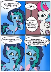 Size: 1131x1600 | Tagged: safe, artist:delilah1_riley, misty brightdawn, zipp storm, pegasus, pony, unicorn, comic:pipp the poltergeist, fanfic:pipp the poltergeist, g5, my little pony: tell your tale, comic, commission, dialogue, duo, duo female, fanfic art, female, horn, implied pipp petals, mare, outdoors