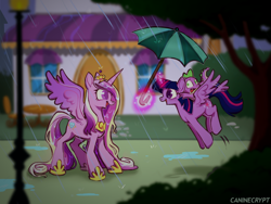 Size: 2048x1536 | Tagged: safe, artist:caninecrypt, artist:lummh, princess cadance, spike, twilight sparkle, alicorn, pony, g4, crown, female, flying, glowing, glowing horn, hoof shoes, horn, house, jewelry, lamppost, levitation, magic, mare, peytral, princess shoes, puddle, rain, regalia, riding, riding a pony, spread wings, telekinesis, twilight sparkle (alicorn), umbrella, wet, wet mane, wet mane cadance, wings