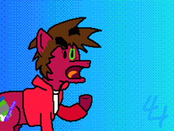 Size: 2560x1920 | Tagged: safe, artist:44nifty, oc, oc only, oc:sauerkraut snorkel, earth pony, pony, albuquerque, blue background, brown mane, dithering, eyebrows, eyebrows visible through hair, green eye, mismatched eyes, ponified, red coat, red jacket, redraw, simple background, solo, weird al yankovic