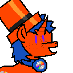 Size: 1280x1280 | Tagged: safe, artist:44nifty, oc, oc only, oc:nifty, pony, unicorn, blue mane, cd, freckles, hat, headphones, horn, orange coat, profile picture, purple eyes, self insert, simple background, solo, top hat, transparent background