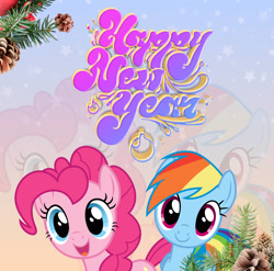 Size: 2744x2706 | Tagged: safe, artist:saltyvity, edit, pinkie pie, rainbow dash, earth pony, pegasus, pony, g4, 2025, blue background, blue eyes, christmas, christmas tree, gradient background, happy new year, holiday, merry christmas, multicolored hair, pink eyes, pink hair, rainbow hair, simple background, snow, solo, tree