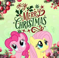 Size: 2744x2706 | Tagged: safe, artist:saltyvity, edit, fluttershy, pinkie pie, earth pony, pegasus, pony, g4, blue eyes, christmas, christmas ball, christmas tree, gradient background, green eyes, happy new year, holiday, merry christmas, pink hair, smiling, snow, solo, sparkles, tree, zoom layer