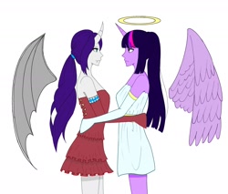 Size: 2000x1700 | Tagged: safe, artist:mrtsg7, rarity, twilight sparkle, angel, devil, human, g4, alicorn humanization, alternate hairstyle, breasts, clothes, devil horns, devil rarity, dress, duo, duo female, evening gloves, fangs, female, gloves, halo, horn, horned humanization, horns, hug, humanized, lesbian, long gloves, looking at each other, looking at someone, pony coloring, ship:rarilight, shipping, shoulder devil, simple background, twilight sparkle is not amused, unamused, white background, winged humanization