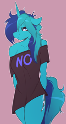 Size: 1260x2372 | Tagged: safe, artist:witchtaunter, oc, oc:roxyanne lullaby, unicorn, anthro, clothes, commission, commissioner:legionofblues, female, gray background, horn, shirt, simple background, solo, tired