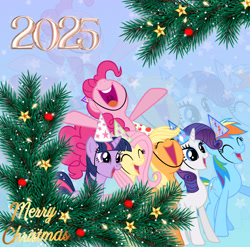 Size: 2744x2706 | Tagged: safe, artist:saltyvity, edit, applejack, fluttershy, pinkie pie, rainbow dash, rarity, twilight sparkle, earth pony, pegasus, pony, unicorn, g4, 2025, blue eyes, blue hair, christmas, christmas ball, christmas tree, gradient background, green eyes, happy, happy new year, holiday, horn, merry christmas, multicolored hair, pink eyes, pink hair, purple eyes, purple hair, rainbow hair, smiling, snow, solo, sparkles, stars, tree, yellow hair, zoom layer