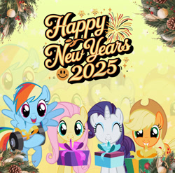 Size: 2744x2706 | Tagged: safe, artist:saltyvity, edit, applejack, fluttershy, rainbow dash, rarity, earth pony, pegasus, pony, unicorn, g4, 2025, blue eyes, christmas, christmas ball, christmas gift, christmas tree, gradient background, green eyes, happy new year, happy new year 2025, holiday, horn, merry christmas, multicolored hair, pink eyes, pink hair, purple hair, rainbow hair, salute, smiling, snow, solo, sparkles, tree, yellow hair, zoom layer