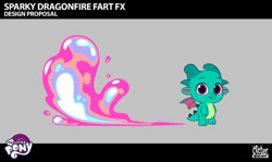 Size: 640x381 | Tagged: safe, lil critter workshop, sparky sparkeroni, dragon, attack of the bunnisus, g5, my little pony: tell your tale, official, concept art, fart, fart joke, fire, fire fart, magical fart, male, my little pony logo, palindrome get, solo, sparky farting, toilet humor