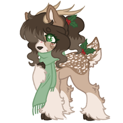 Size: 1000x1000 | Tagged: safe, artist:kazmuun, oc, oc only, oc:yuletide, deer, deer pony, hybrid, original species, pony, reindeer, antlers, berries in hair, berries in tail, blaze (coat marking), blush lines, blushing, brown coat, brown fur, brown hair, brown hooves, brown mane, chibi, clothes, cloven hooves, coat markings, colored, colored antlers, colored eyebrows, colored eyelashes, colored hooves, colored lineart, colored nose, colored pinnae, colored pupils, commission, countershading, deer tail, doe, eye clipping through hair, eyebrows, eyebrows visible through hair, eyelashes, facial markings, female, female oc, flat colors, fluffy, green eyelashes, green eyes, green pupils, green scarf, hair accessory, hock fluff, holly, hoof on chest, hooves, hybrid oc, leaves, leaves in hair, leaves in mane, leaves in tail, leg fluff, long hair, long mane, mare, mare oc, ponytail, profile, raised hoof, reindeer pony, scarf, signature, simple background, smiling, solo, spots, standing, starry eyes, tail, tail accessory, tail markings, tied mane, tied tail, transparent background, two toned mane, two toned tail, wavy hair, wavy mane, wingding eyes