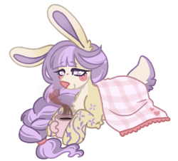 Size: 1107x1000 | Tagged: safe, artist:kazmuun, oc, oc only, oc:snowball, hybrid, original species, pony, rabbit pony, bald face, bangs, blanket, blaze (coat marking), blush lines, blushing, braid, braided ponytail, bunny ears, bunny tail, chibi, coat markings, coffee, coffee mug, colored, colored eyelashes, colored lineart, colored nose, colored pinnae, colored tail, commission, cream coat, ear fluff, eyebrows, eyebrows visible through hair, eyelashes, facial markings, female, female oc, flat colors, heart, heart eyes, hock fluff, leg markings, leg stripes, long mane, looking at something, lying down, mare, mare oc, mug, plaid, ponytail, prone, purple eyelashes, purple eyes, purple mane, signature, simple background, smiling, solo, stripes, tail, tail fluff, three quarter view, tied mane, transparent background, two toned mane, two toned tail, white pupils, white tail, wingding eyes, yellow coat