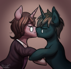 Size: 979x959 | Tagged: safe, artist:bkiltersot, oc, oc only, oc:emerald sky, oc:midnight scrawl, pony, unicorn, blushing, closed eye, clothes, duo, duo male, gay, glasses, gradient background, holding hooves, horn, kissing, male, male oc, suit, unicorn oc, vignette