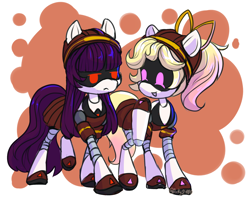 Size: 2024x1624 | Tagged: safe, artist:arky2000, earth pony, pony, robot, robot pony, abstract background, bow, clothes, doll (murder drones), duo, duo female, female, friends, frown, hard hat, hat, lizzy, looking at someone, mare, murder drones, open mouth, open smile, ponified, ponytail, raised hoof, school uniform, skirt, smiling, walking, worker drone