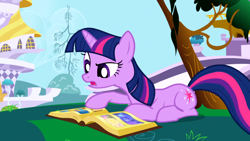 Size: 1920x1080 | Tagged: safe, screencap, twilight sparkle, pony, unicorn, friendship is magic, g4, my little pony: friendship is magic, book, book of harmony, female, horn, lying down, mare, prone, reading, solo, unicorn twilight