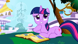 Size: 1920x1080 | Tagged: safe, screencap, twilight sparkle, pony, unicorn, friendship is magic, g4, my little pony: friendship is magic, book, book of harmony, female, horn, mare, solo, unicorn twilight