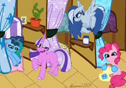 Size: 965x671 | Tagged: safe, artist:kharmacal, misty brightdawn, pinkie pie, silver glow, twilight, pony, g1, g3, g4, g5, bunk bed, camp cutie mark, curtains, group, no catchlights, quartet, redraw