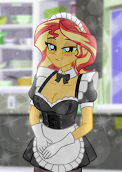 Size: 1000x1415 | Tagged: safe, artist:emeraldblast63, sunset shimmer, human, equestria girls, g4, blushing, breasts, busty sunset shimmer, cleavage, clothes, female, indoors, maid, solo, sparkles, stupid sexy sunset shimmer