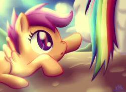 Size: 1673x1216 | Tagged: safe, rainbow dash, scootaloo, pegasus, pony, g4, :o, blank flank, cloud, cloudy, cute, cutealoo, eyes on the prize, female, filly, foal, nose wrinkle, on a cloud, open mouth, signature, solo focus, spread wings, stare, tail, touch, wings