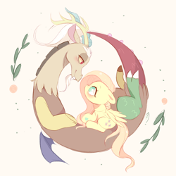 Size: 2000x2000 | Tagged: safe, artist:ipun, discord, fluttershy, draconequus, pegasus, pony, g4, bedroom eyes, blushing, curled up, cute, eye contact, female, floppy ears, looking at each other, looking at someone, male, mare, no pupils, profile, ship:discoshy, shipping, sitting, straight, wings