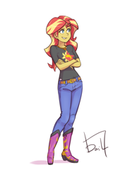 Size: 2480x3508 | Tagged: safe, artist:jurill, sunset shimmer, human, g4, belt, boots, clothes, crossed arms, denim, female, geode of empathy, humanized, jeans, magical geodes, pants, shoes, signature, simple background, smiling, solo, white background