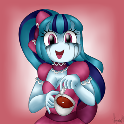 Size: 3000x3000 | Tagged: safe, artist:queentigrel, sonata dusk, human, equestria girls, g4, breasts, busty sonata dusk, cleavage, clothes, dress, female, food, makeup, psychonata dusk, running makeup, solo, tea, yandere