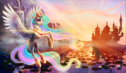 Size: 1600x927 | Tagged: safe, artist:cosmicunicorn, princess celestia, alicorn, pony, g4, canterlot, crepuscular rays, female, flying, lake, lilypad, scenery, smiling, solo, spread wings, sunrise, water, waterfall, wings