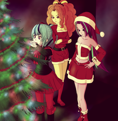 Size: 1792x1836 | Tagged: safe, artist:kuya64, adagio dazzle, aria blaze, sonata dusk, human, equestria girls, g4, adoragio, ariabetes, bare shoulders, christmas, christmas tree, cute, decorating, female, holiday, open mouth, sleeveless, sonatabetes, strapless, tree, trio, trio female